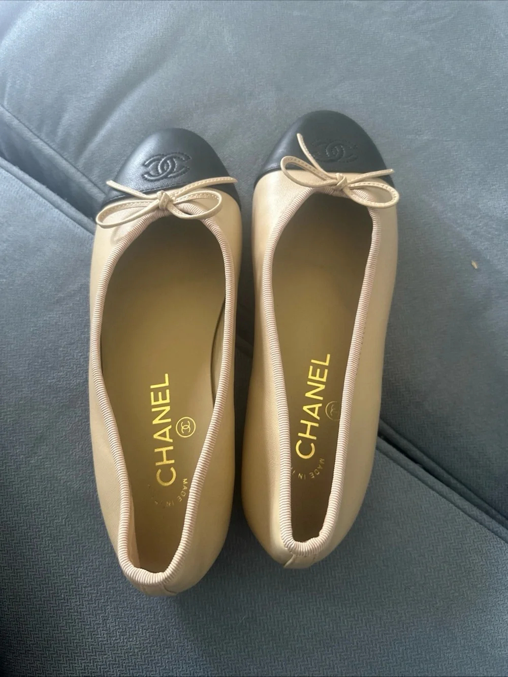 CHANEL Beige Leather Ballet Flats with Black Cap Toe